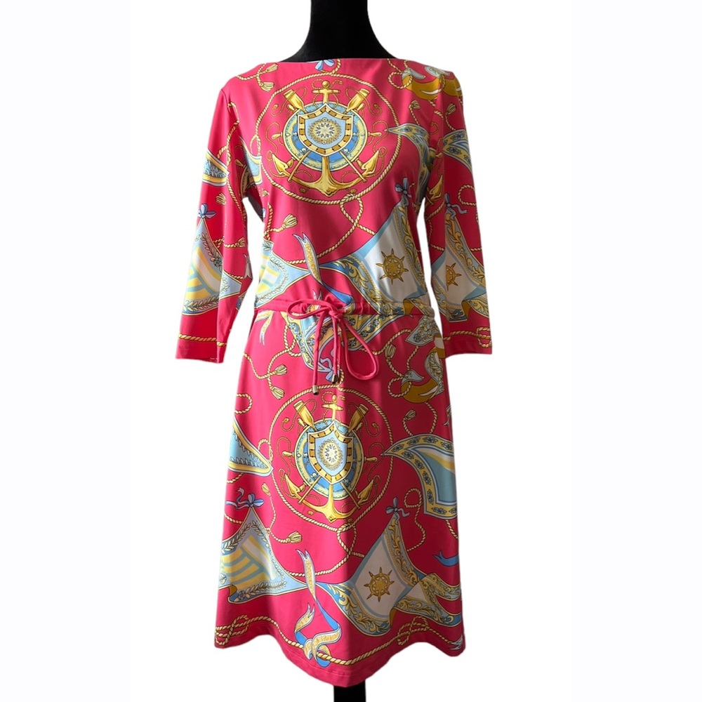 J. McLaughlin Marianne Nautical Scarf Print Dress Pink Gold Small Retro Mod‎ NEW